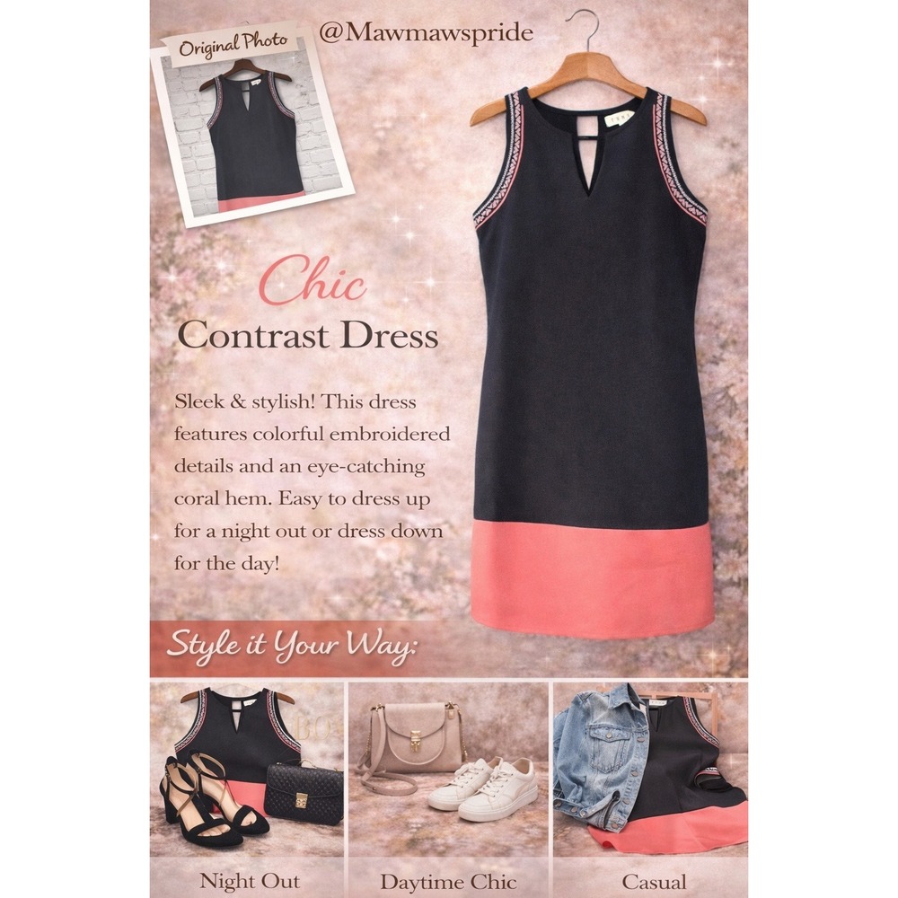 THML Womens Black Coral Colorblock Embroidered Sleeveless Shift Dress Size M